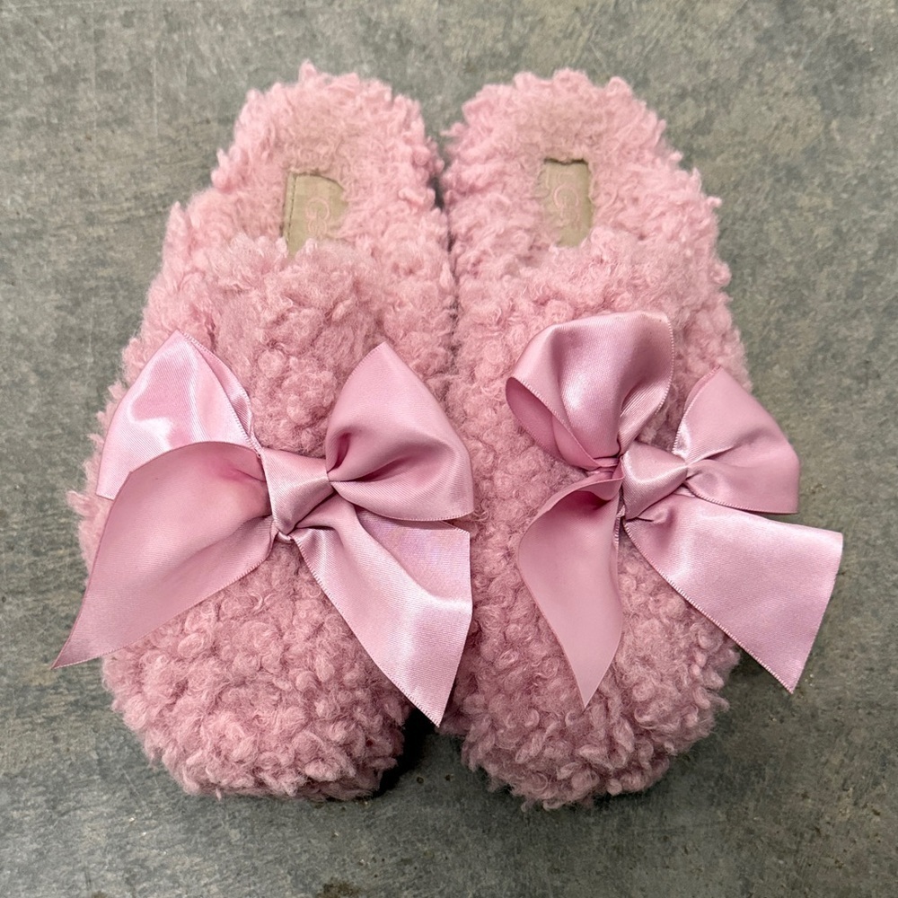UGG Pink Plush Slippers with Bow